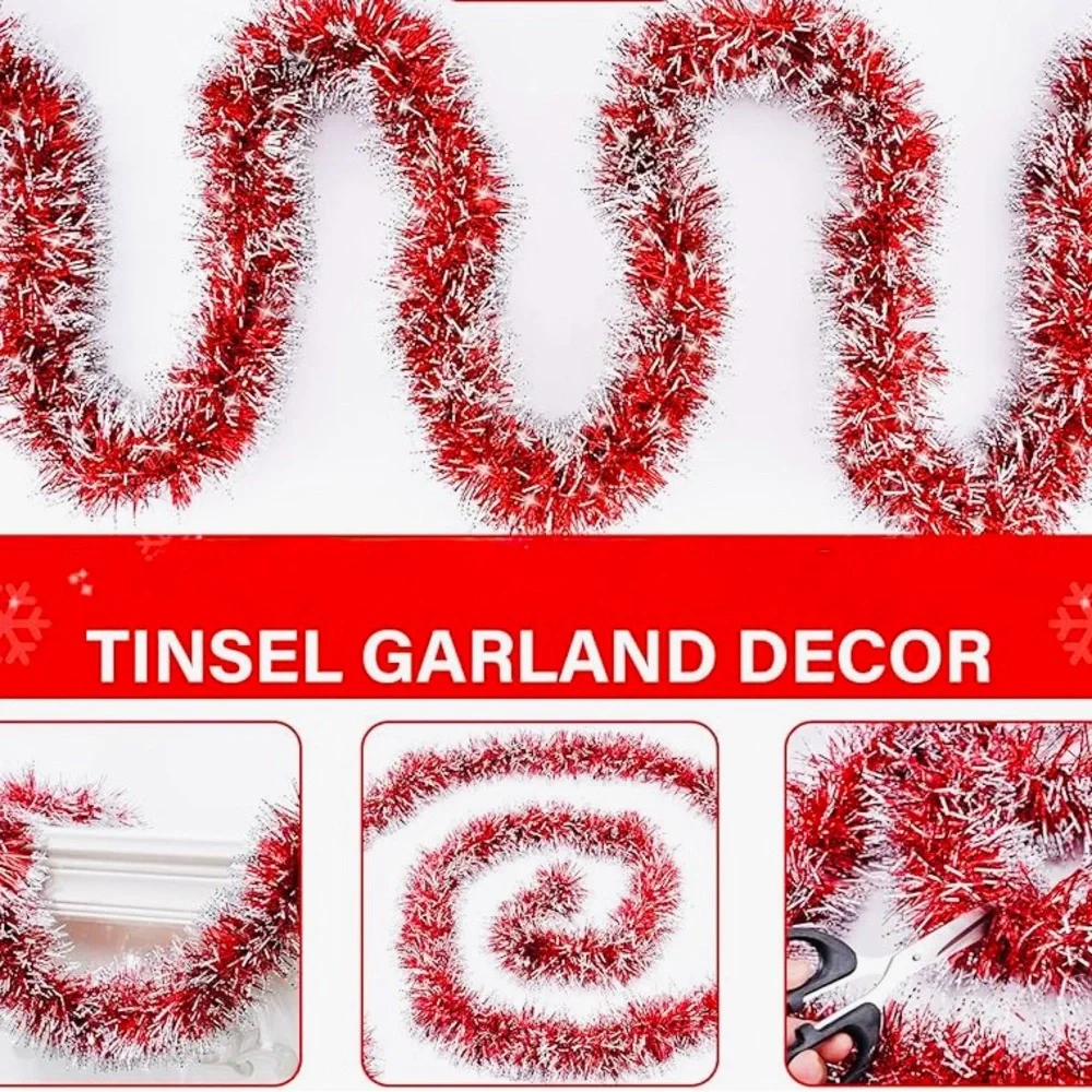 108’ Ft. Metallic Frosted Red & White Tinsel Garland - 3 Packs Indoor Outdoor